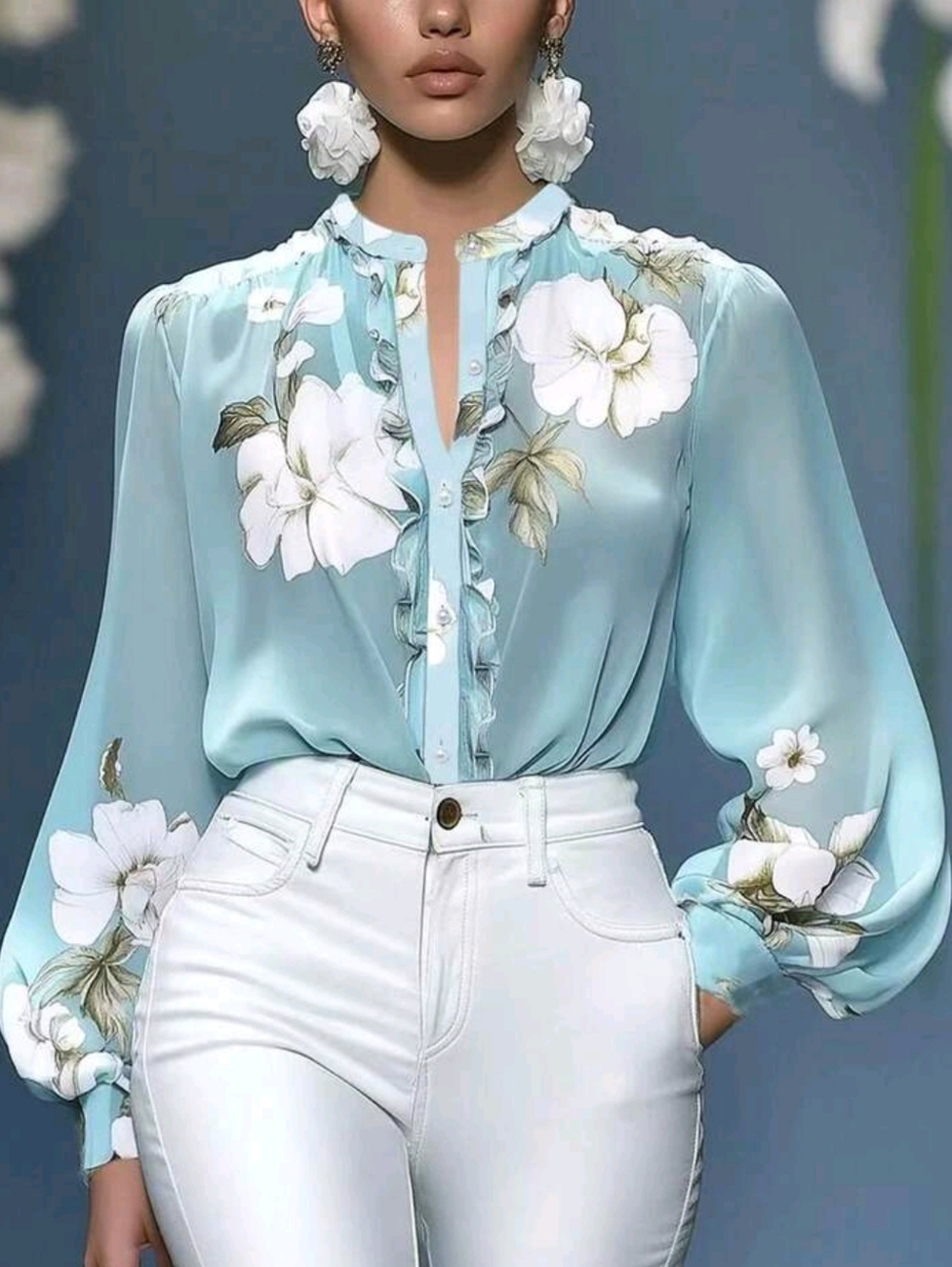 Floral Ruffle-Trim Light Blue Blouse